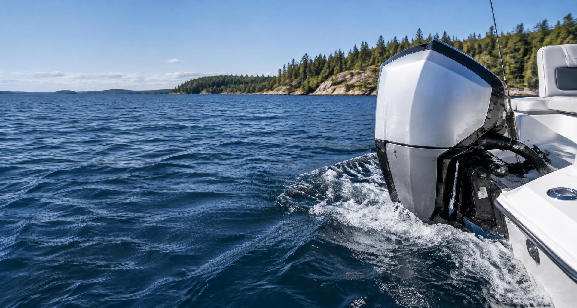 Illustrative silver outboard motor on a boat on a Canadian-style lake