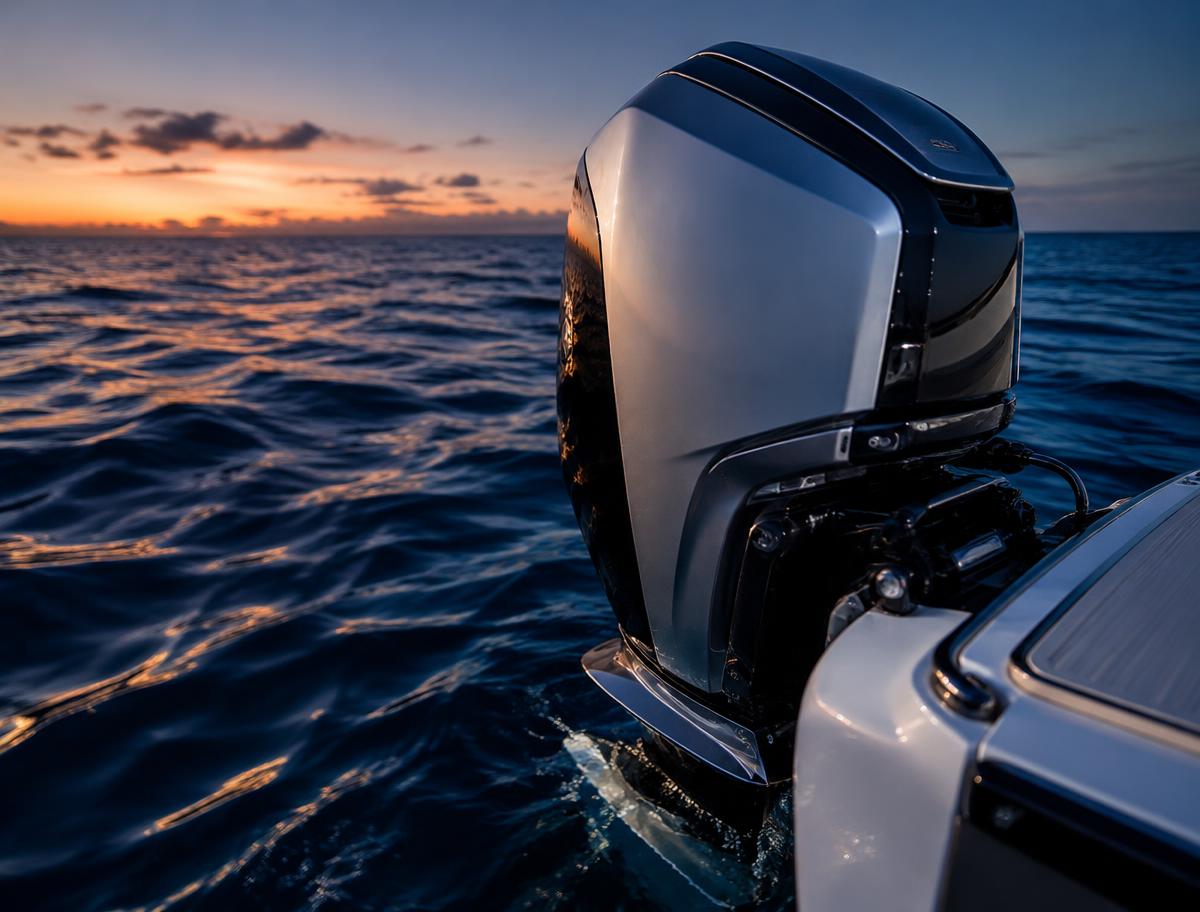 Illustrative outboard motor on a boat transom at dusk