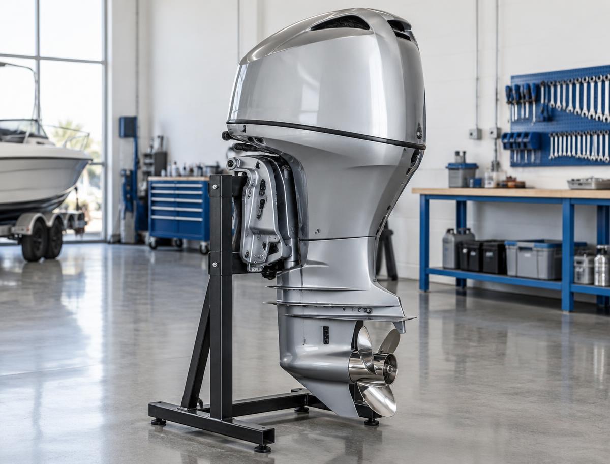 Illustrative outboard motor in a clean marine workshop