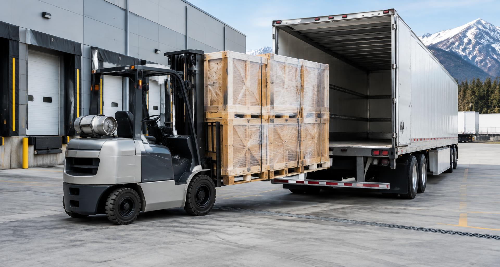 Illustrative freight crates being transferred into a shipping trailer